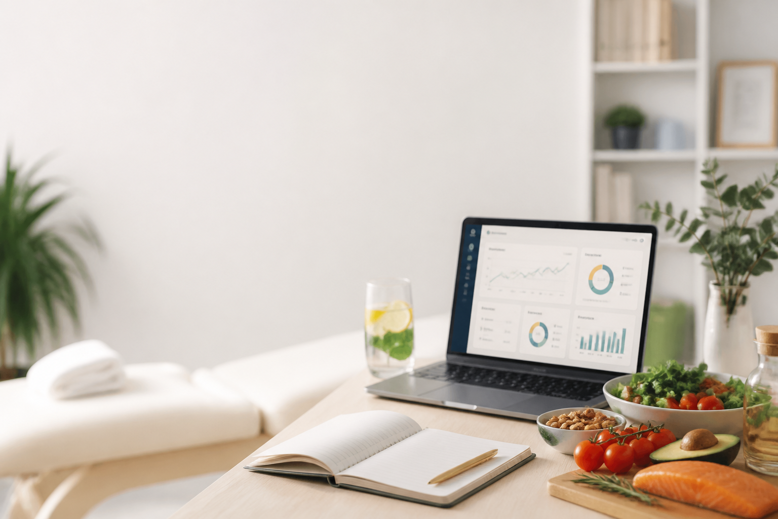 Mesa de trabajo con ordenador, libreta y comida saludable